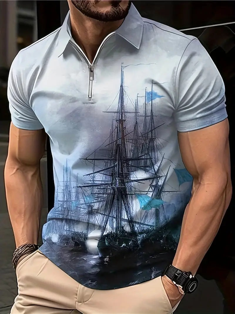 Men's Breathable Polo Shirt - Graphic 3 Quarter Zip Style - Neon North Clothing