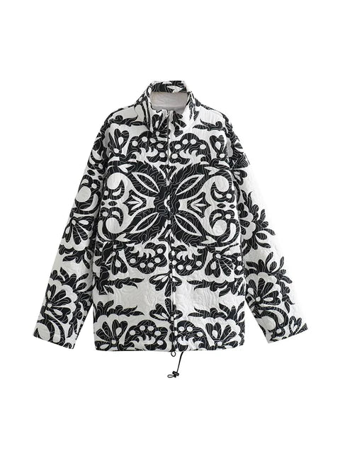 Women Black and White Printed Quilted Cotton Parka Jacket - Neon North Clothing