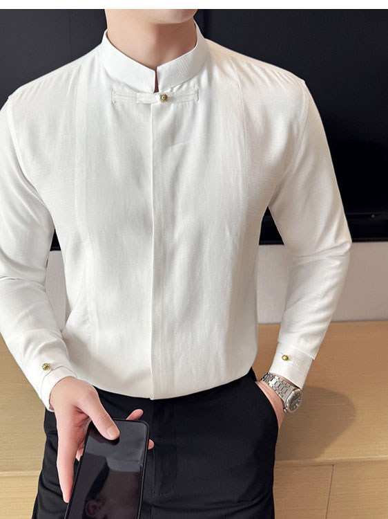 Men's Cotton Long-sleeved Shirt with Solid Color and Stand Collar