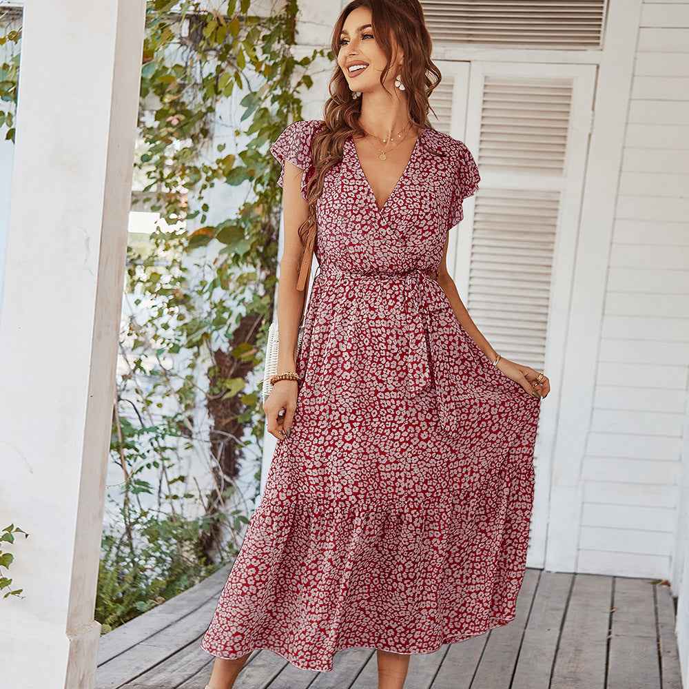 Ruffle Cap Sleeve Wrap Split Women's Boho Floral Long Dress