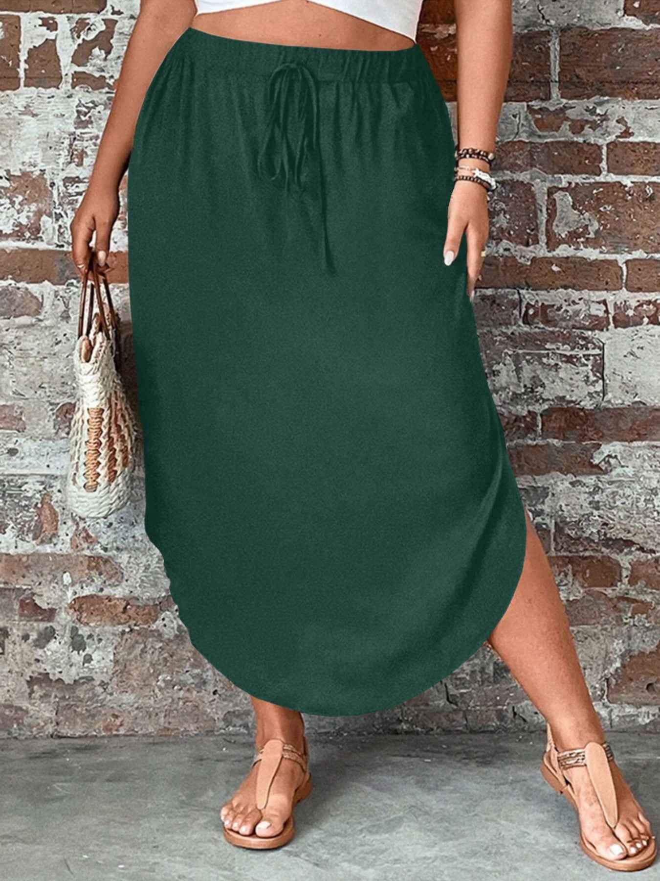 Plus-size Tie-front Split Skirt in Solid Color for Women