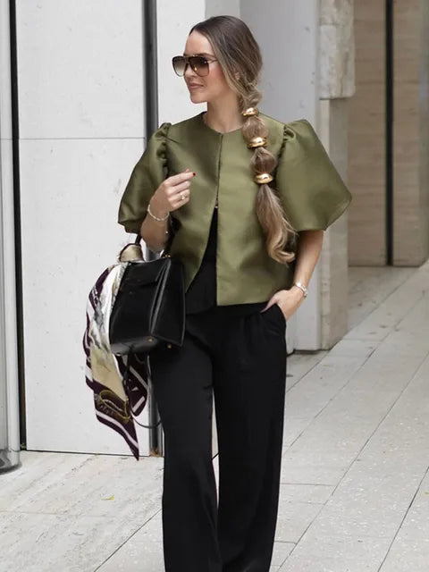 Solid Satin With Pouf Balloon Sleeve Blouse - Neon North Clothing