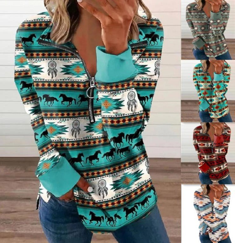 New European and American Womens Western Style Zipper Sweater - Neon North Clothing