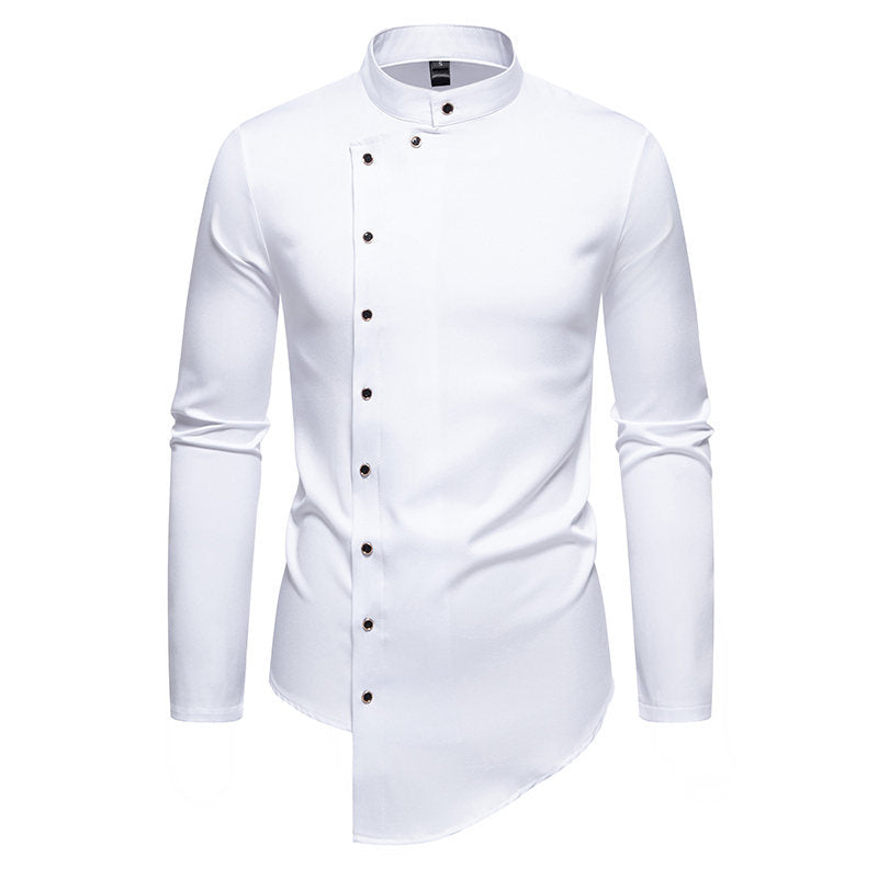 Irregular Hem Men's Long-Sleeve Shirt - Slim Fit with Stand Collar