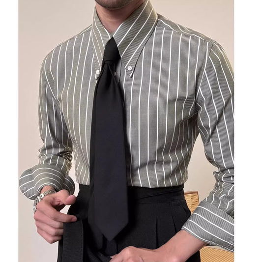 Mens Striped Long-Sleeve Shirt - Retro Casual White Slim Fit