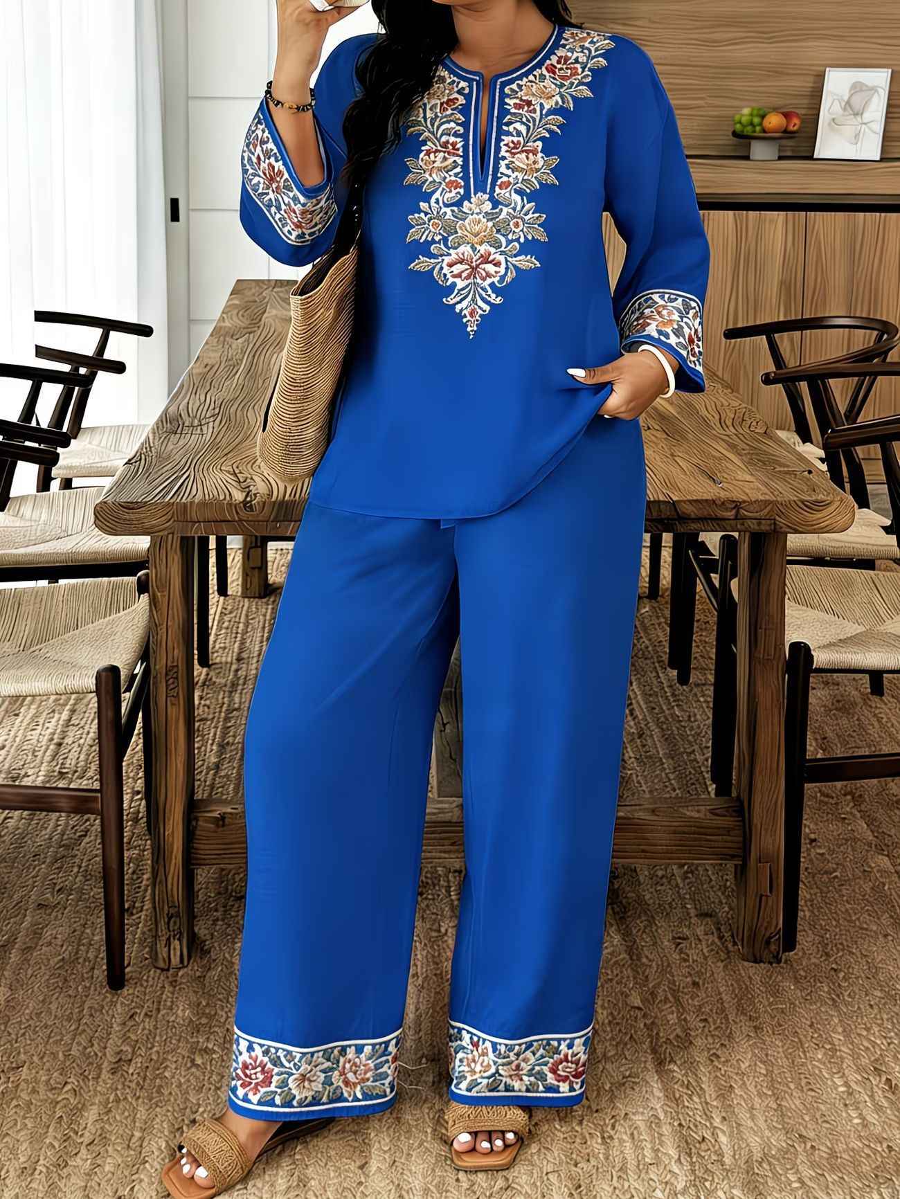 Middle Eastern Lace Floral Set - Elegant Long-sleeve Ethnic-style Fashion
