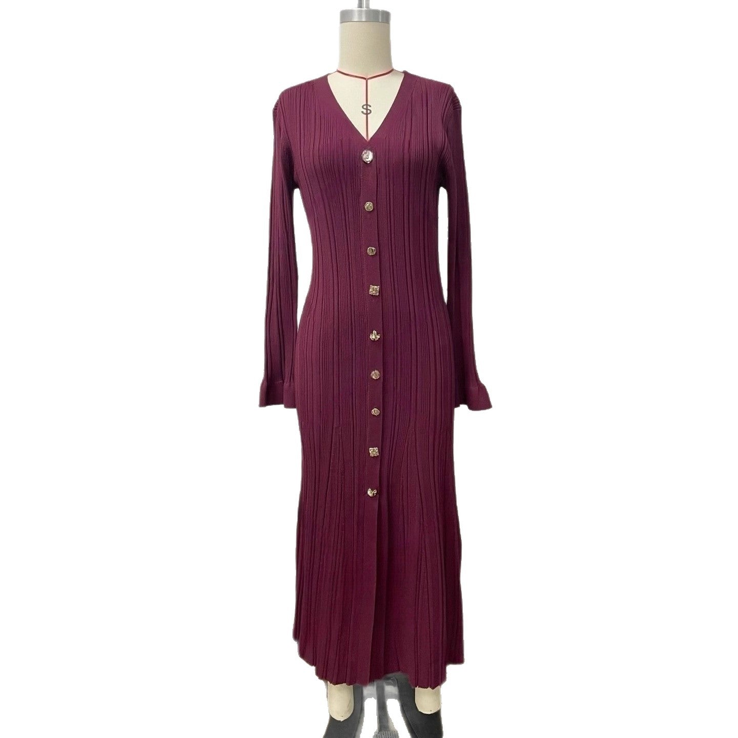 Elegant Luxury Shimmer V-Neck Long Sleeve Fitted Waist Knit Dress - Neon North Clothing
