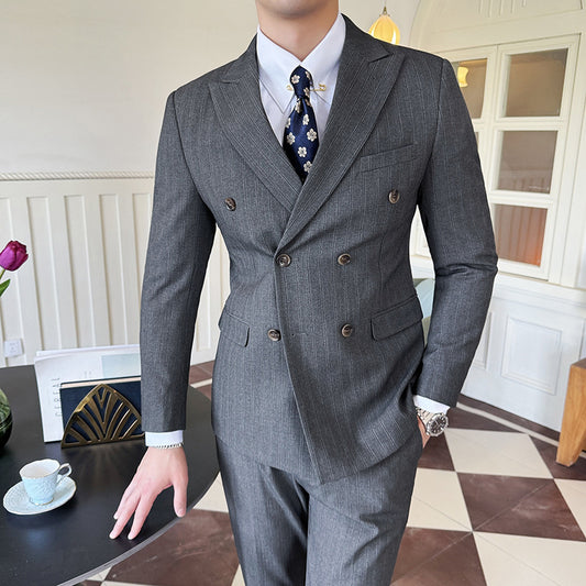 Peak Lapel Double-Breasted Coat with Textured Stripes - Three-Piece Set