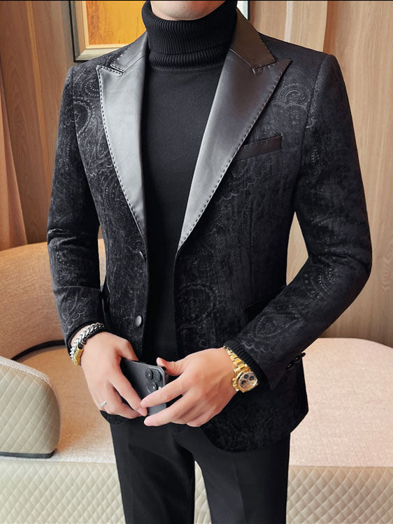 Jacquard Velvet Leather Blazer for Men with Stylish Lapel