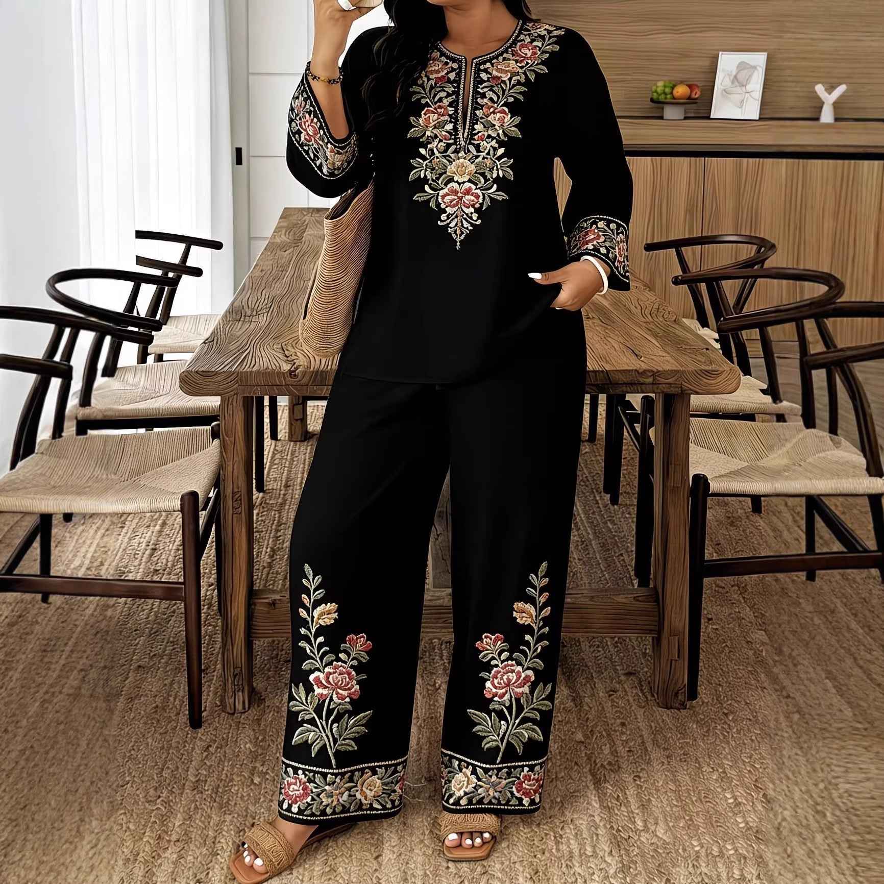 Middle Eastern Lace Floral Set - Elegant Long-sleeve Ethnic-style Fashion