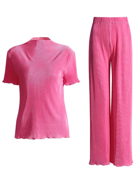 Solid Minimalist Two Piece Set with Stand Collar Short Sleeve Tops and High Waist Bottoms - Neon North Clothing