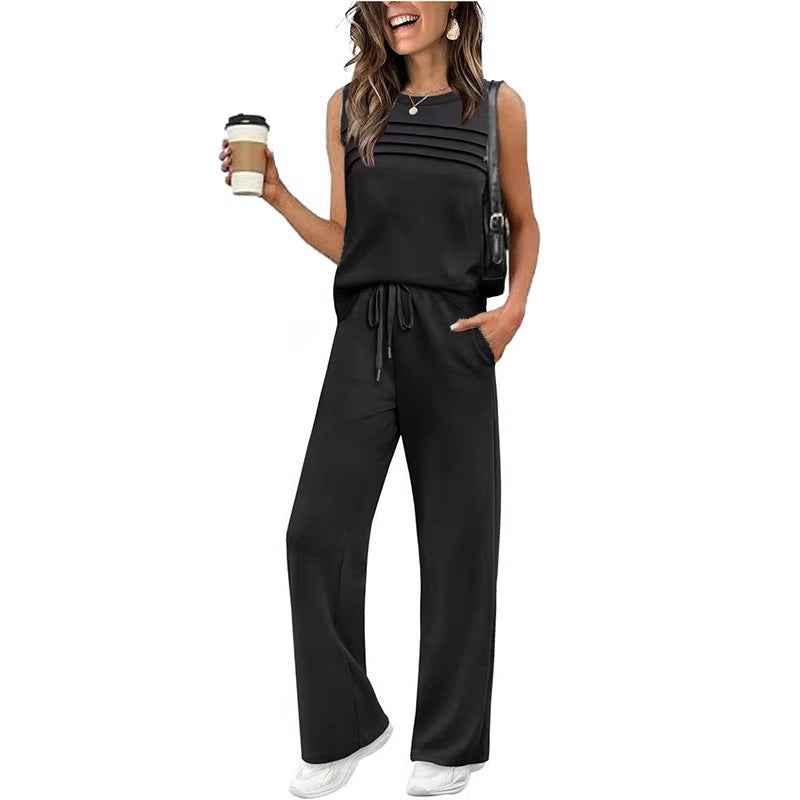 Womens Pleated Vest Top Set - Stylish Two-Piece Outfit for Effortless Chic