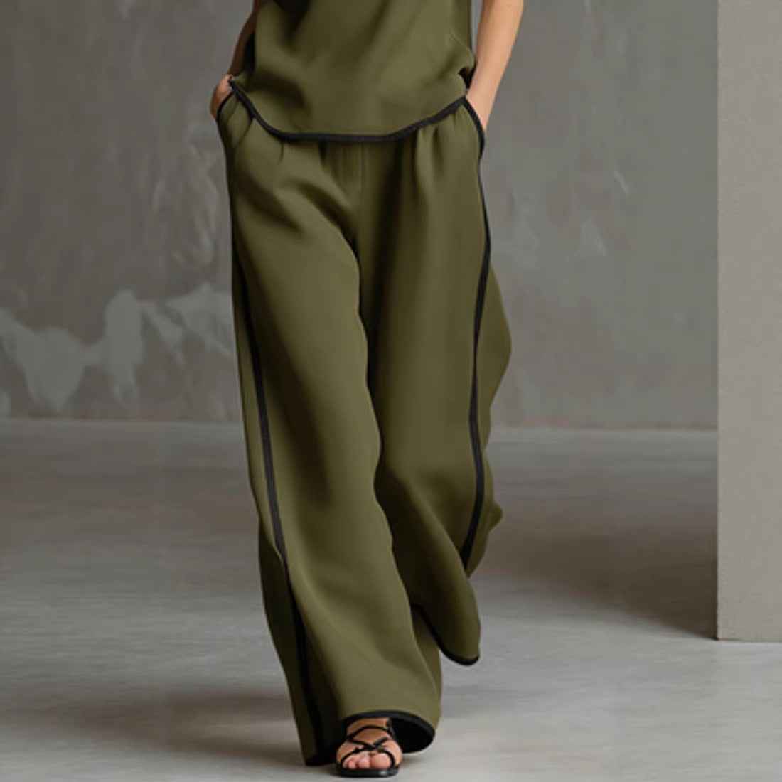 Sleeveless V-Neck Black Trim Contrast Color Simple Womens Top And Wide-Leg Pants Set