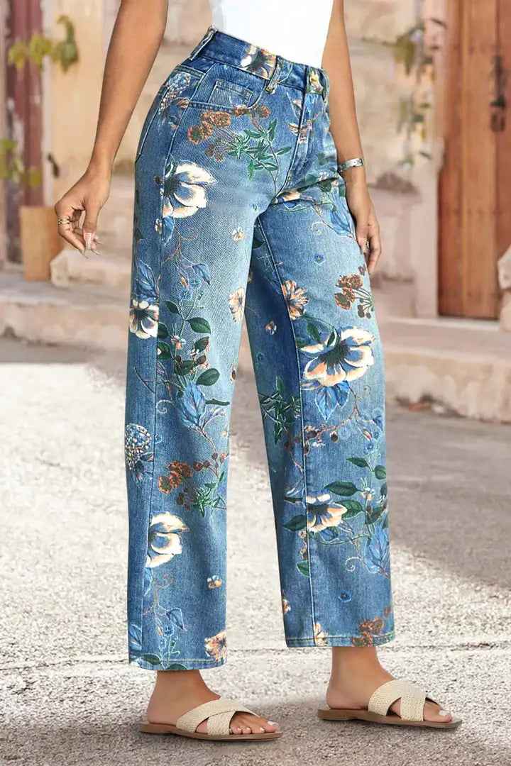 High Waist Floral Jeans - Vintage Floral Print Straight Leg Denim Pants