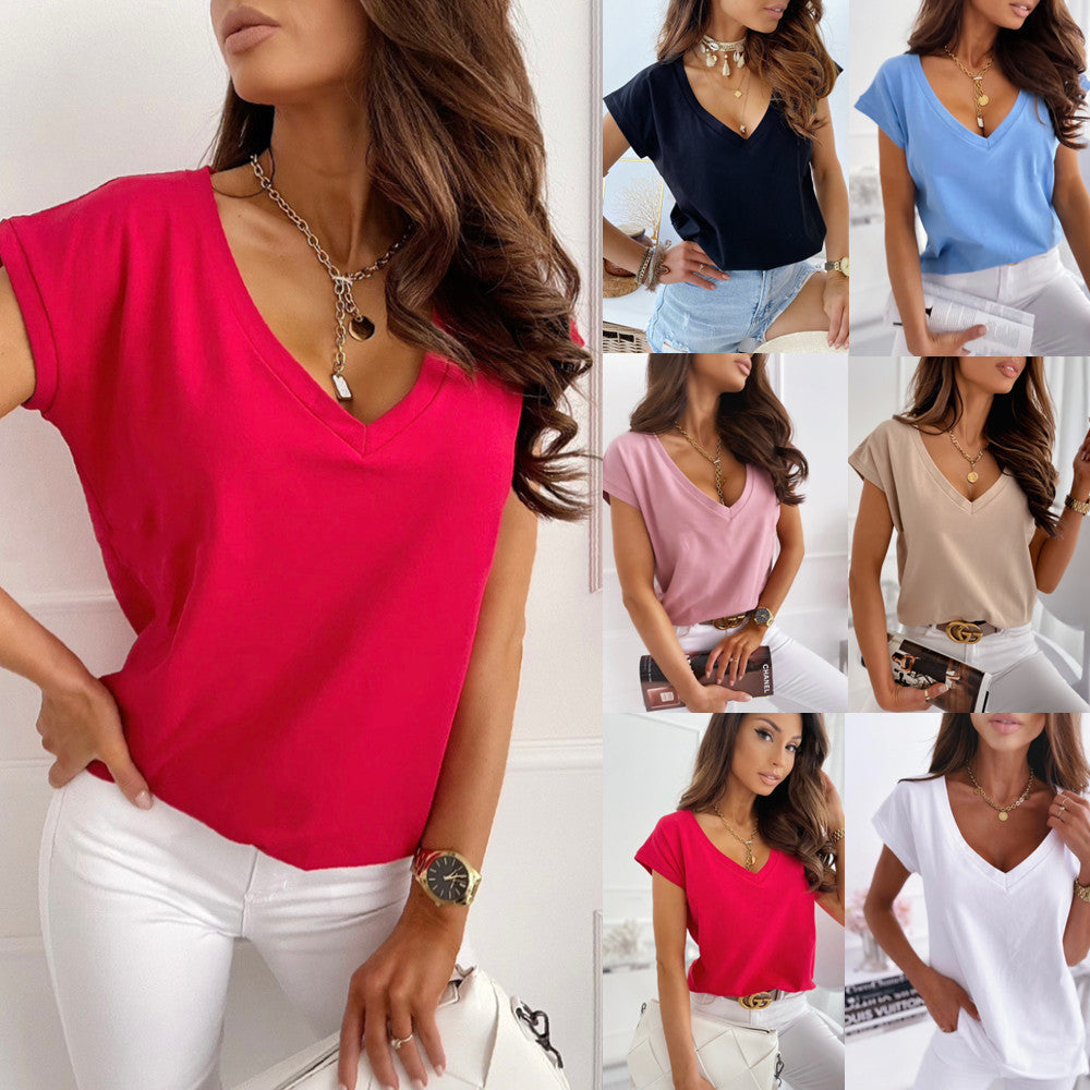 Solid Color V-Neck T-Shirt - Short-Sleeved Simplicity Top