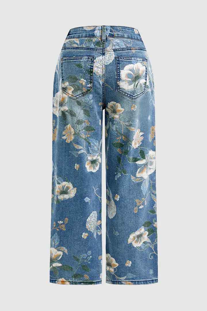 High Waist Floral Jeans - Vintage Floral Print Straight Leg Denim Pants