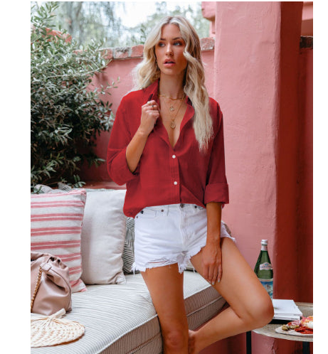 Loose Button Lapel Cardigan Top Long Sleeve Blouse
