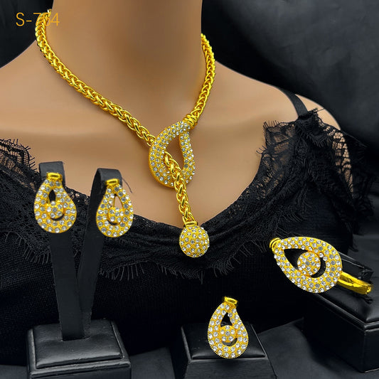 Dubai Bride Gold-plated Jewelry Set - 24k Gold-plated Necklace, Bracelet, Earring, and Ring Four-piece Set