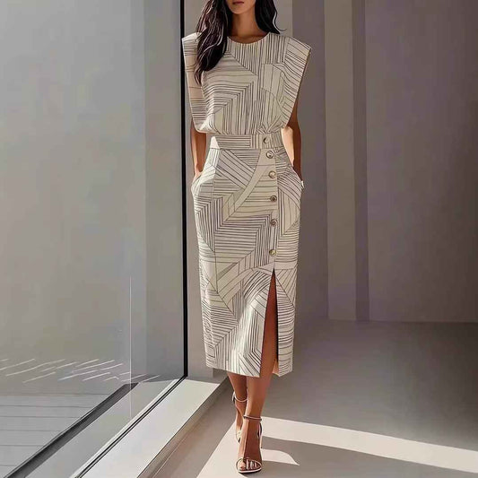Womens Printed Top and Skirt Set with Sleeveless Design and Slit Long Skirt