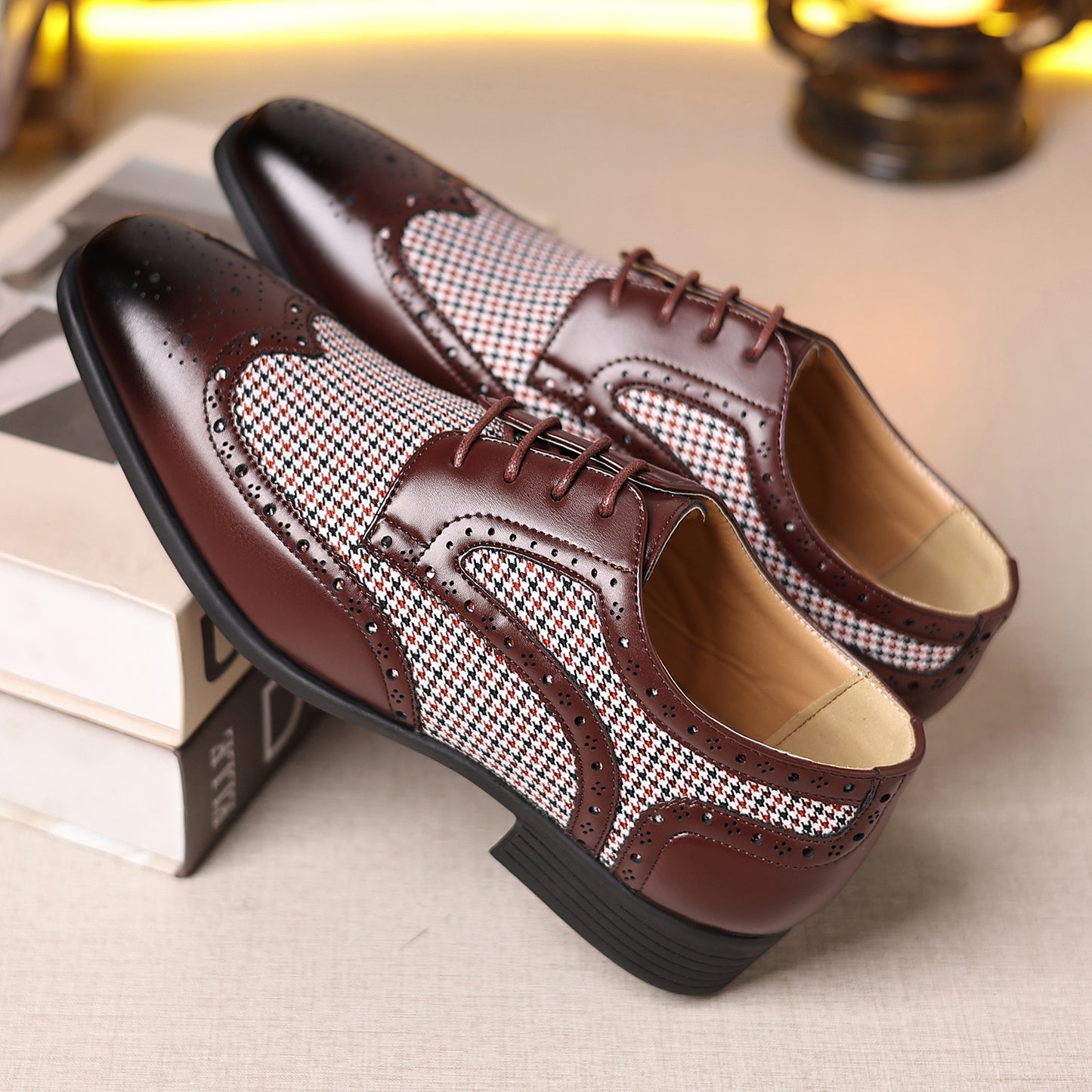 Chaussures homme en cuir décontracté à motif pied-de-poule et carreaux