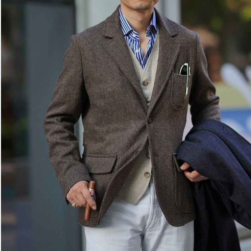 British Retro Tweed Wool Coat for Men
