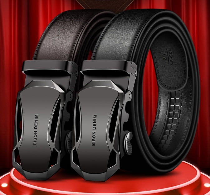 Men's Bison Leather Belt with Automatic Buckle for Business Use - Neon North Clothing