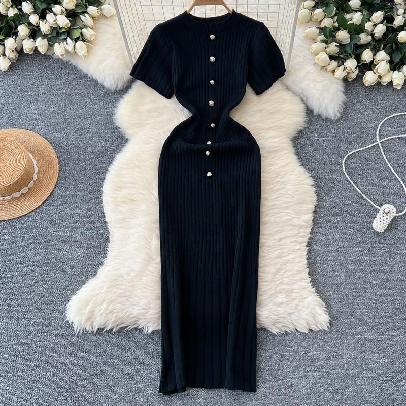 Single-Button Hollow-Out Long Dress - Neon North Clothing