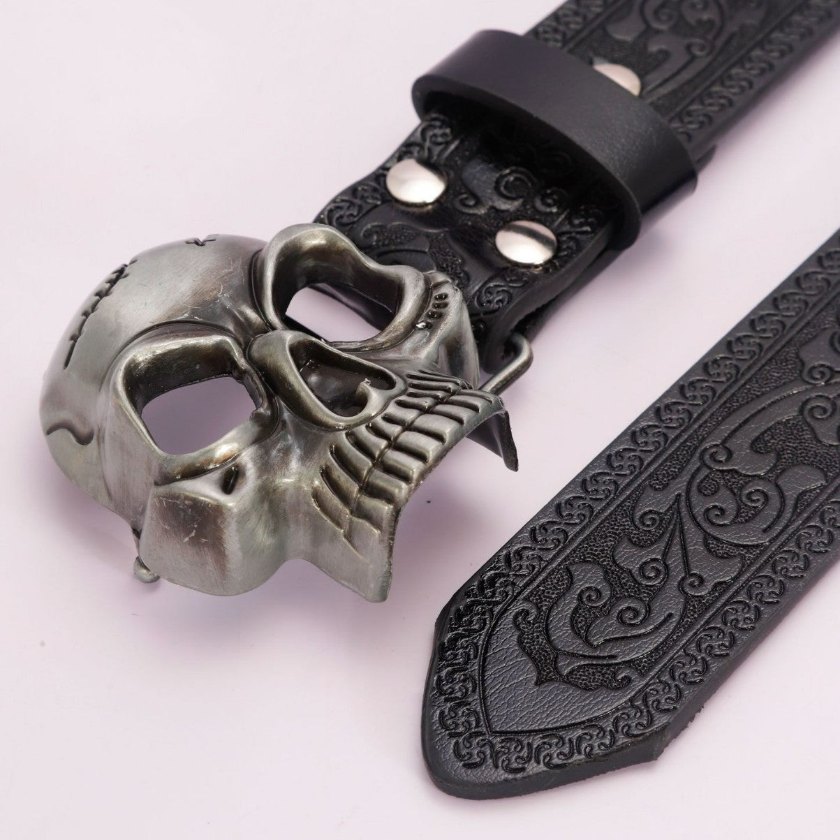 Simple Black PU Embossed Vintage Hollow Skull Belt - Stylish Black Skull Belt for Unique Fashion - Neon North Clothing