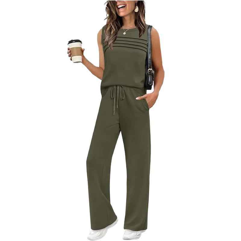 Womens Pleated Vest Top Set - Stylish Two-Piece Outfit for Effortless Chic