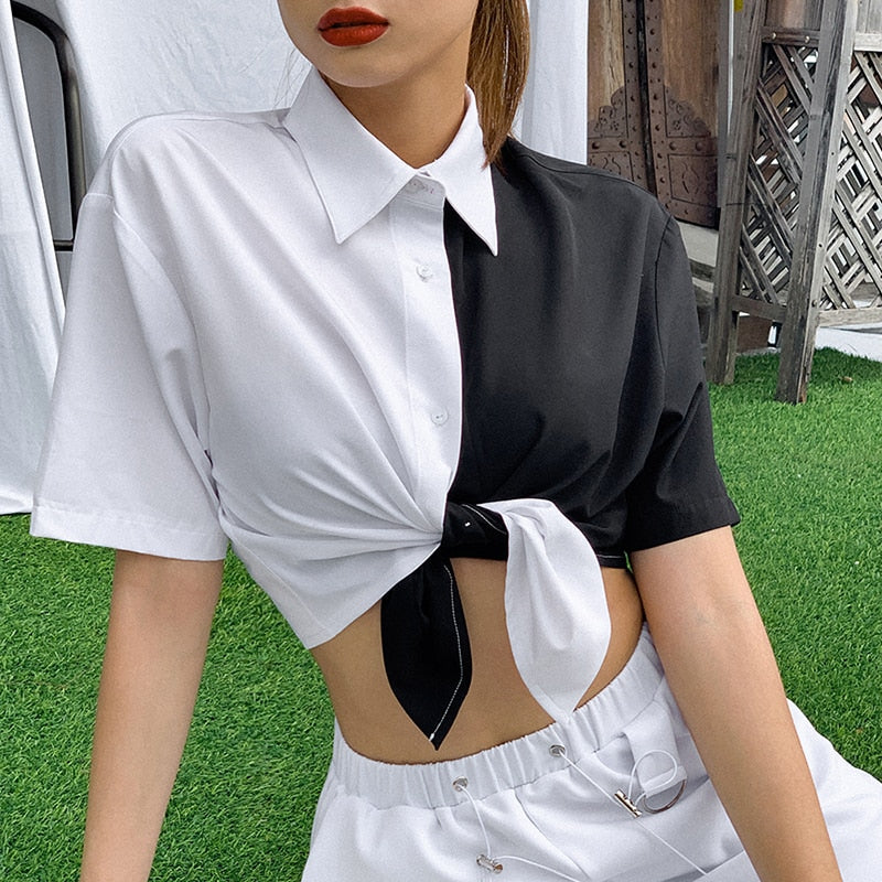 Black White Patchwork Blouse - Casual Street Short Sleeves Top - Neon North Clothing