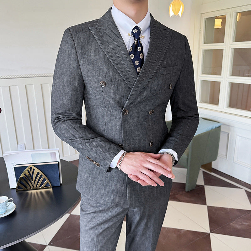 Peak Lapel Double-Breasted Coat with Textured Stripes - Three-Piece Set