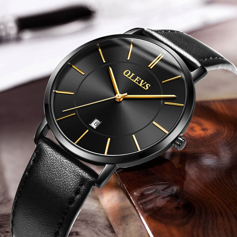 OLEVS Leather Strap Watch - Waterproof Auto Date Quartz Wristwatch
