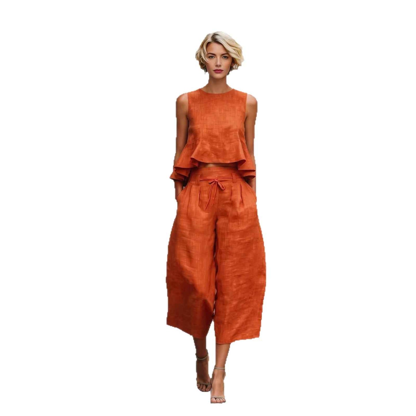 Womens Linen-Blend Two-Piece Set with Ruffled Detailing for Effortless Style