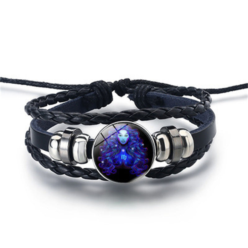 12 Constellations Horoscope Glass Alloy Beaded Glow Leather Bracelet - Neon North Clothing