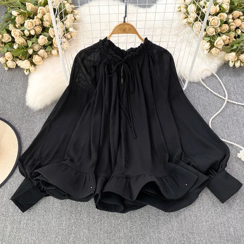 O-neck Long Sleeve Chiffon Ruffles Blouse - Neon North Clothing