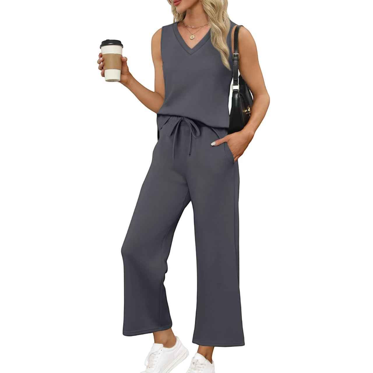 V-neck Vest and Pants Set for Effortless Casual Style