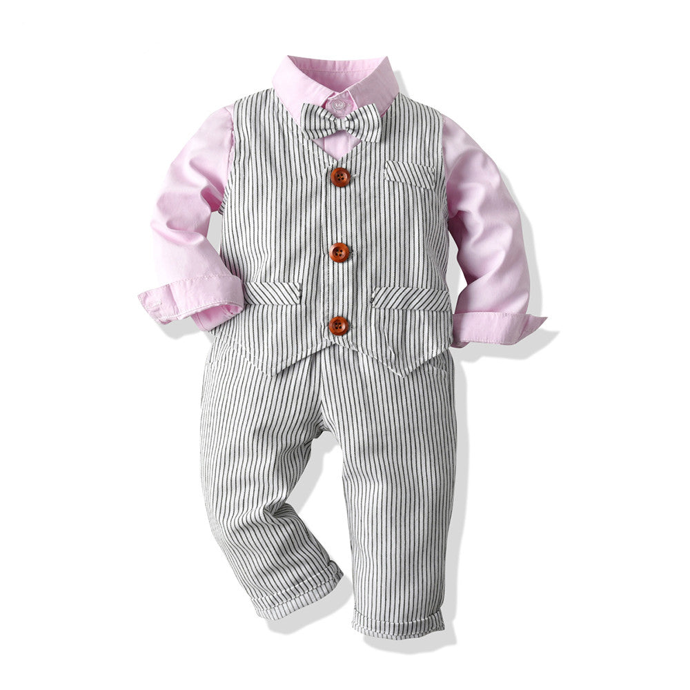 Baby Boy Suit Three-Piece with White Shirt, Striped Vest, and Pants for Spring and Autumn
