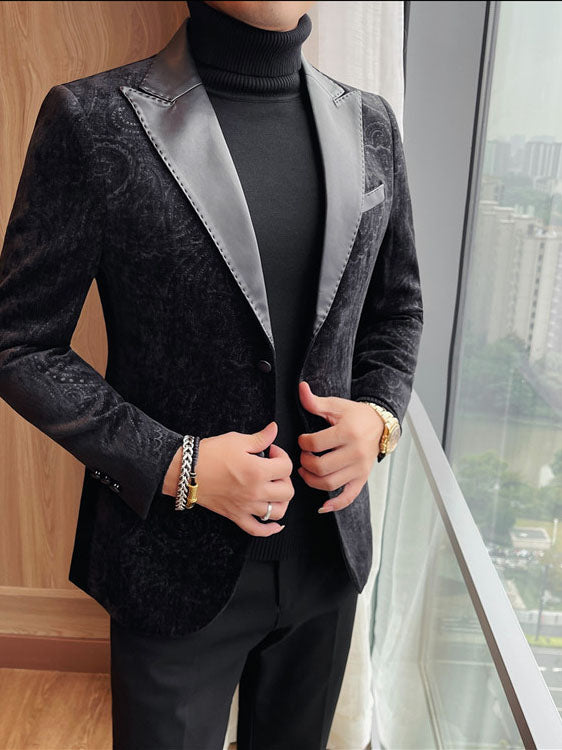 Jacquard Velvet Leather Blazer for Men with Stylish Lapel