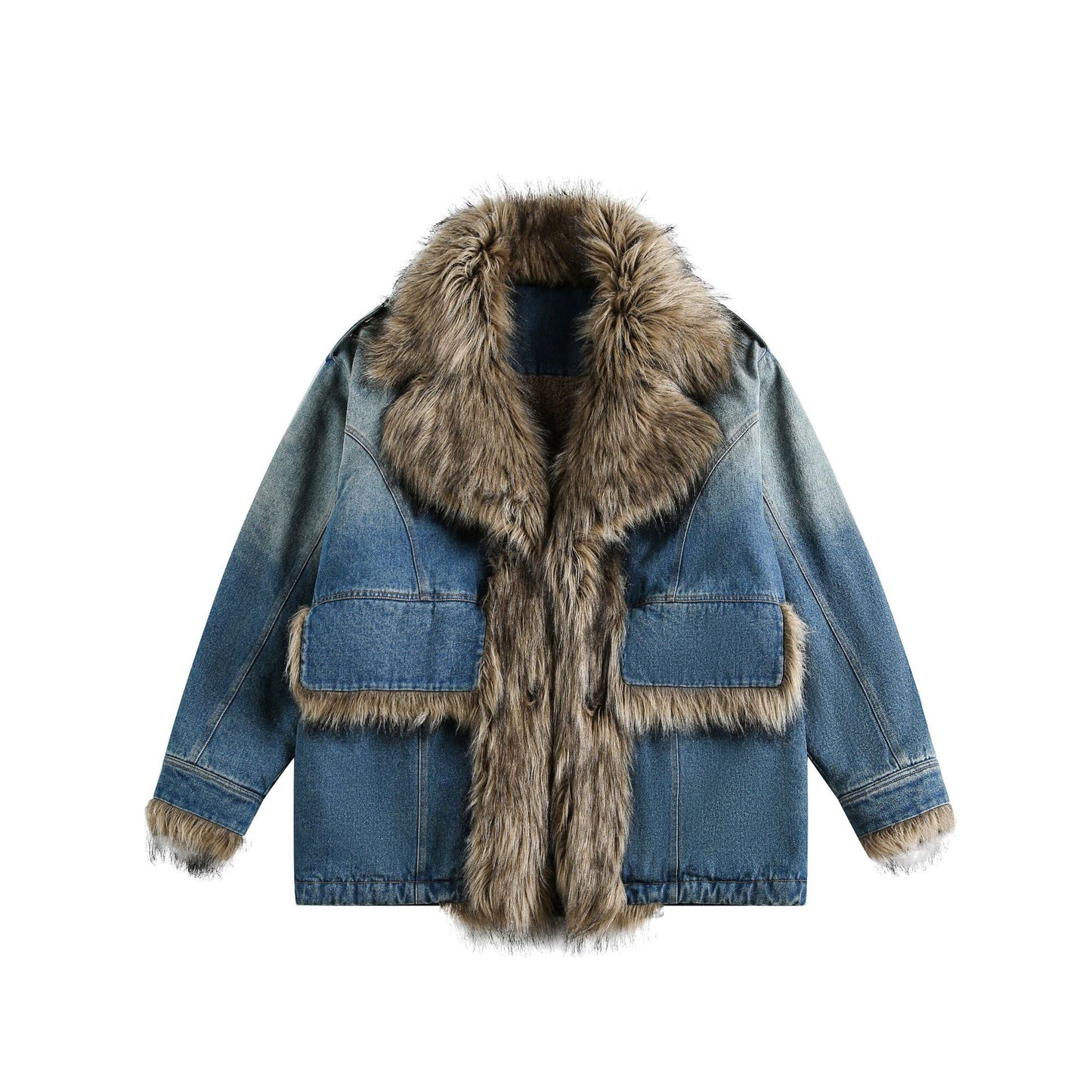 Washed Denim Warm Trucker Jacket with Fur Collar - Neon North Clothing