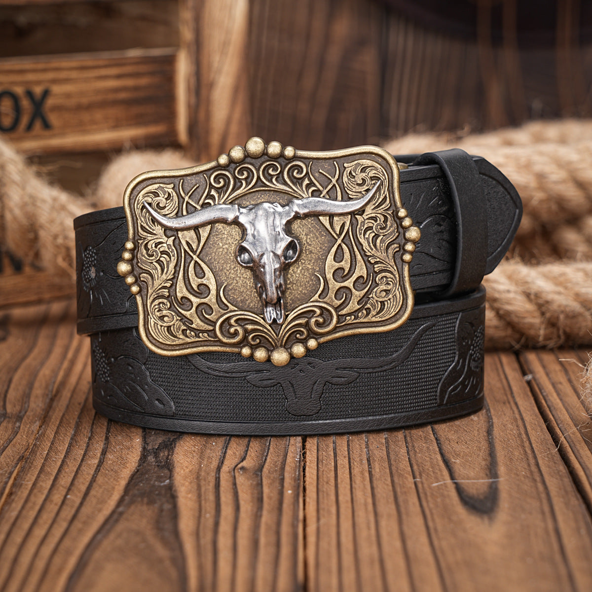 Belt Brown Men's Leather Belt with Bull Skull Embossed Retro Style - Neon North Clothing