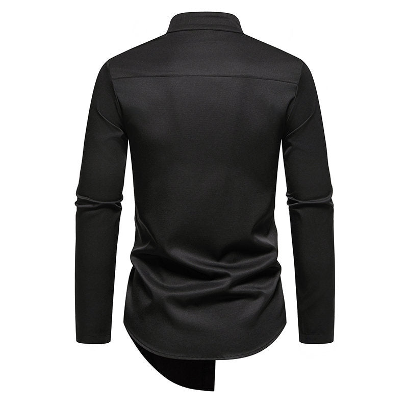 Irregular Hem Men's Long-Sleeve Shirt - Slim Fit with Stand Collar