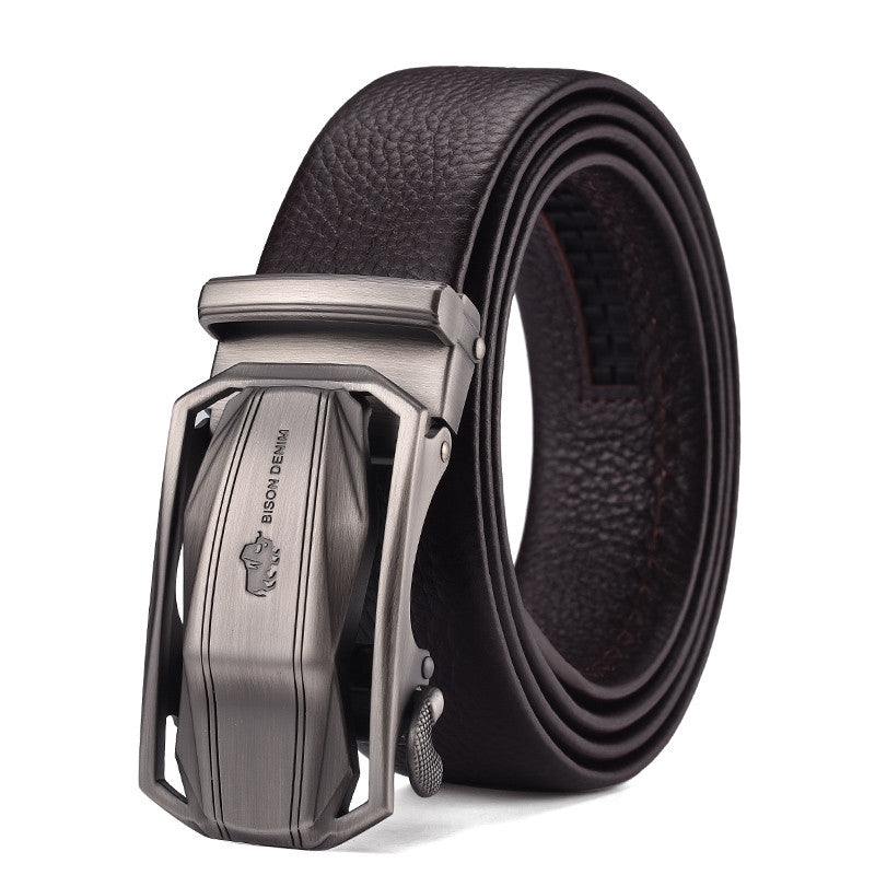 Men's Bison Leather Belt with Automatic Buckle for Business Use - Neon North Clothing