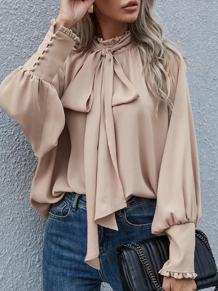 High Collar Bow Tie Long Sleeve Casual Loose Versatile Round Neck Top - Neon North Clothing