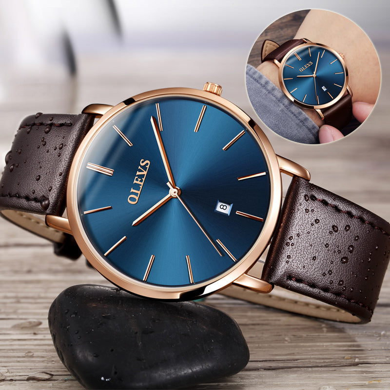 OLEVS Leather Strap Watch - Waterproof Auto Date Quartz Wristwatch
