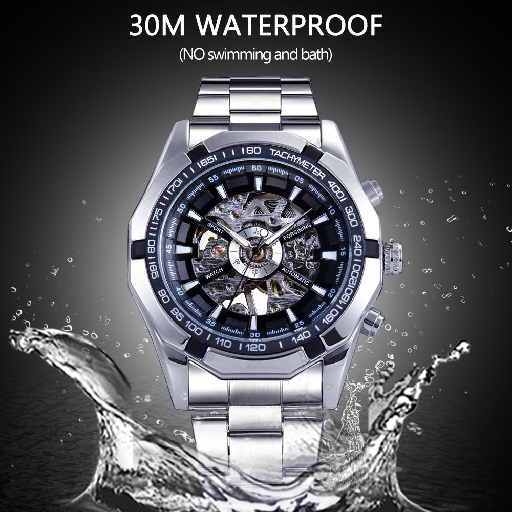 FORSINING Men's Skeleton Watch - Luxury Waterproof Silver Stainless Steel Design - Neon North Clothing