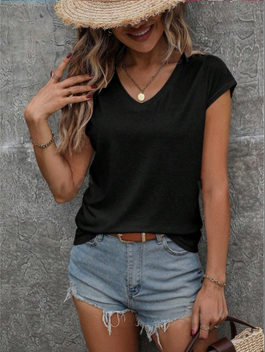 Solid Color V-Neck T-Shirt - Short-Sleeved Simplicity Top
