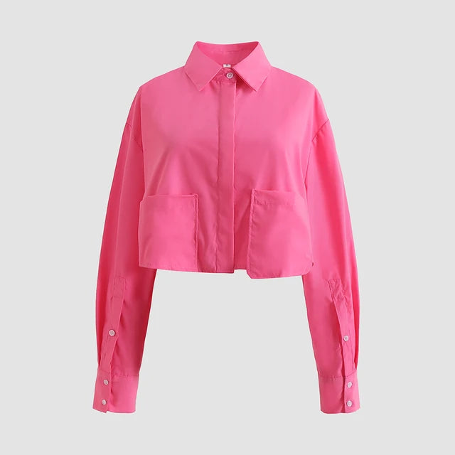 Vintage Cropped Poplin Shirt Blouse with Long Sleeves and Pockets - Neon North Clothing