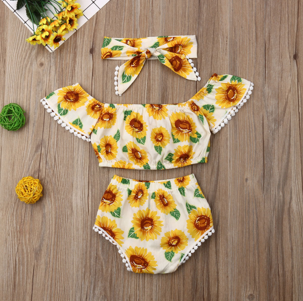 Girl Sunflower Print Romper One-Shoulder Top Triangle Shorts Suit