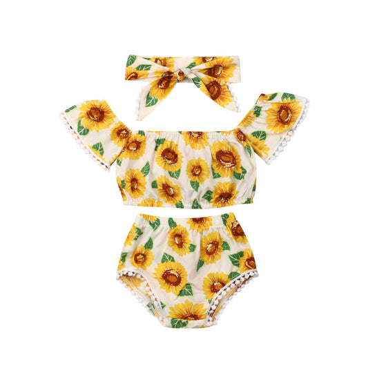 Girl Sunflower Print Romper One-Shoulder Top Triangle Shorts Suit