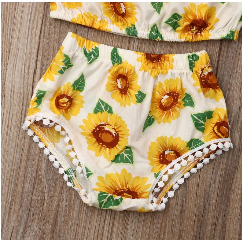 Girl Sunflower Print Romper One-Shoulder Top Triangle Shorts Suit